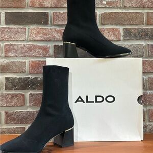 Aldo Black Heeled Stretch Boots with Gold Accents